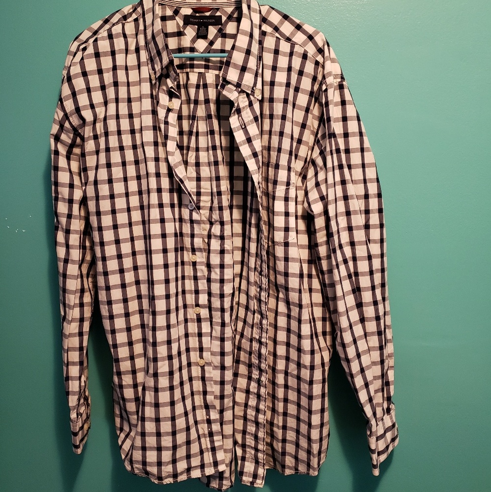 Tommy Hilfiger button up plaid blue and grey XL - Picture 2 of 7